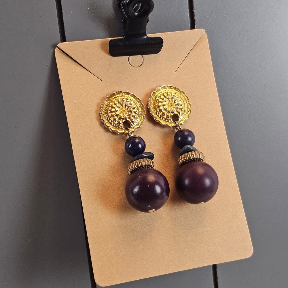 Vintage Style Gold Tone Purple Brown Beaded Dangle Drop Earrings Boho 2" - Picture 12 of 13